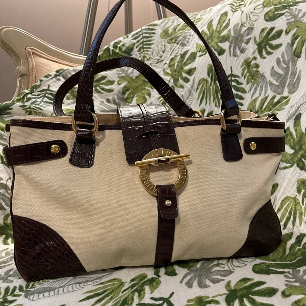Vintage Ralph Lauren Brown Leather and Canvas Purse